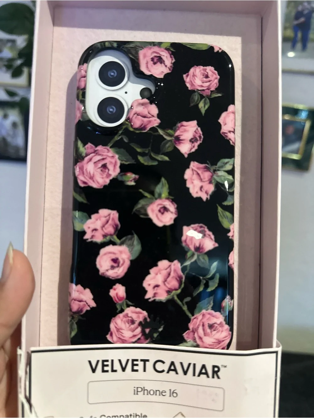 Velvet Caviar Black Case with Pink Rose Floral Design for iPhone 16